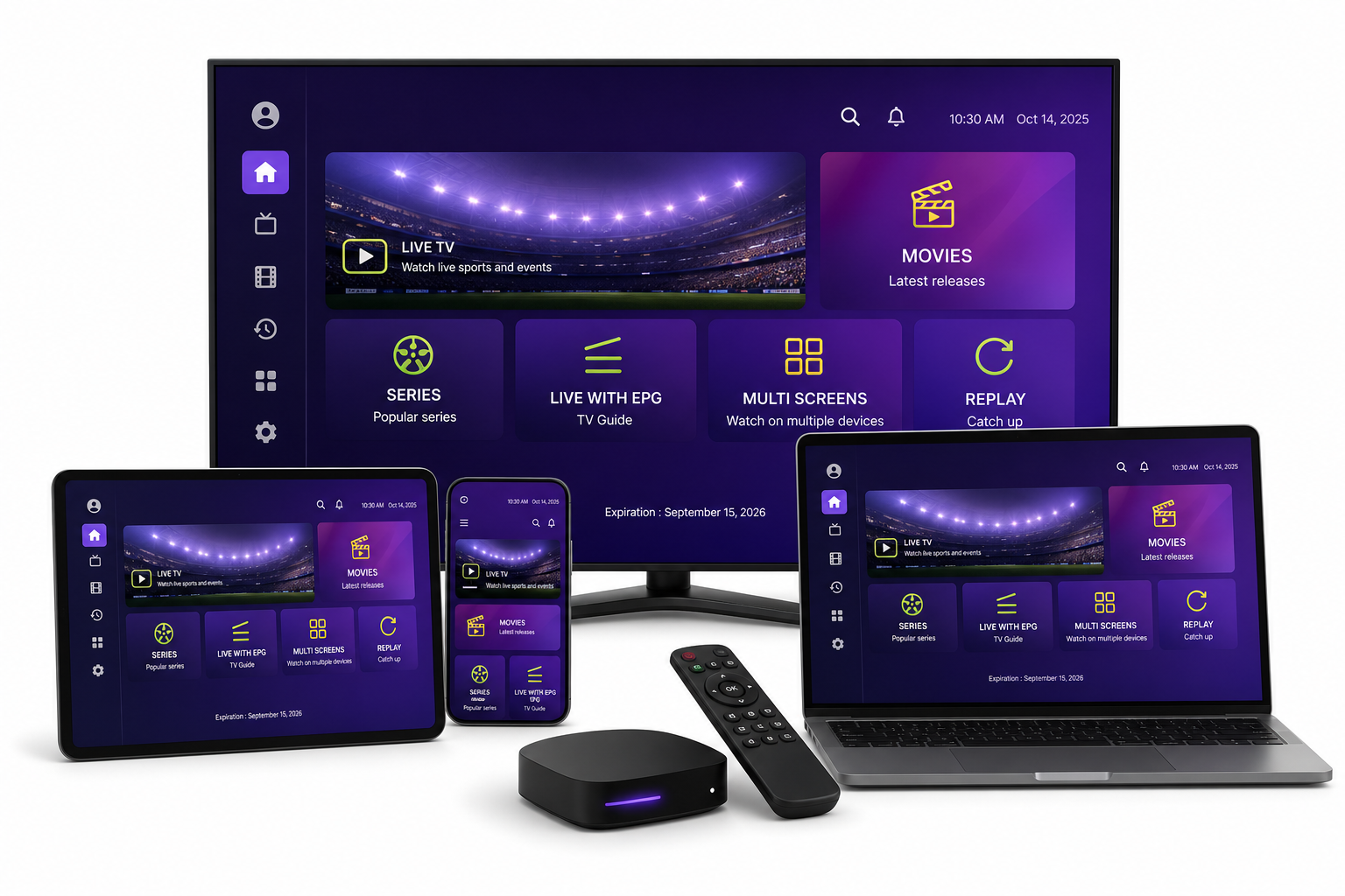Mockup multi-appareils affichant une interface IPTV violette